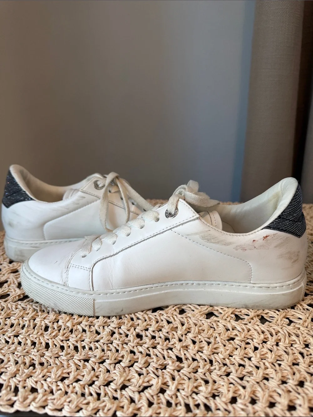 Zadig & Voltaire White Leather Sneakers with Black/Glittery Heel Tab